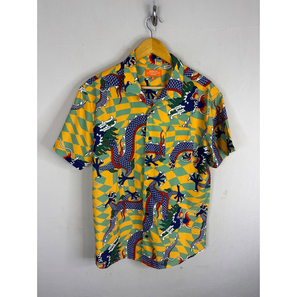 Negative Space Mens Dragon Print Button Up Shirt Yellow Green Checkered Medium
